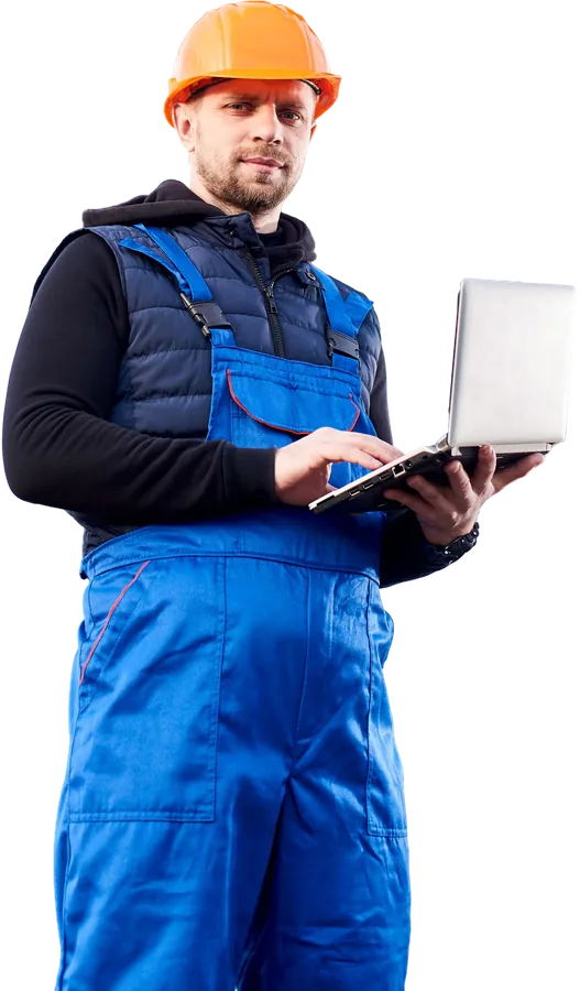 Trainee in hard hat with a laptop